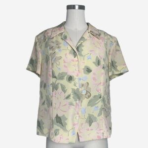 Vintage 90s Joan Leslie Yellow floral short sleeve button blouse grannycore M/L